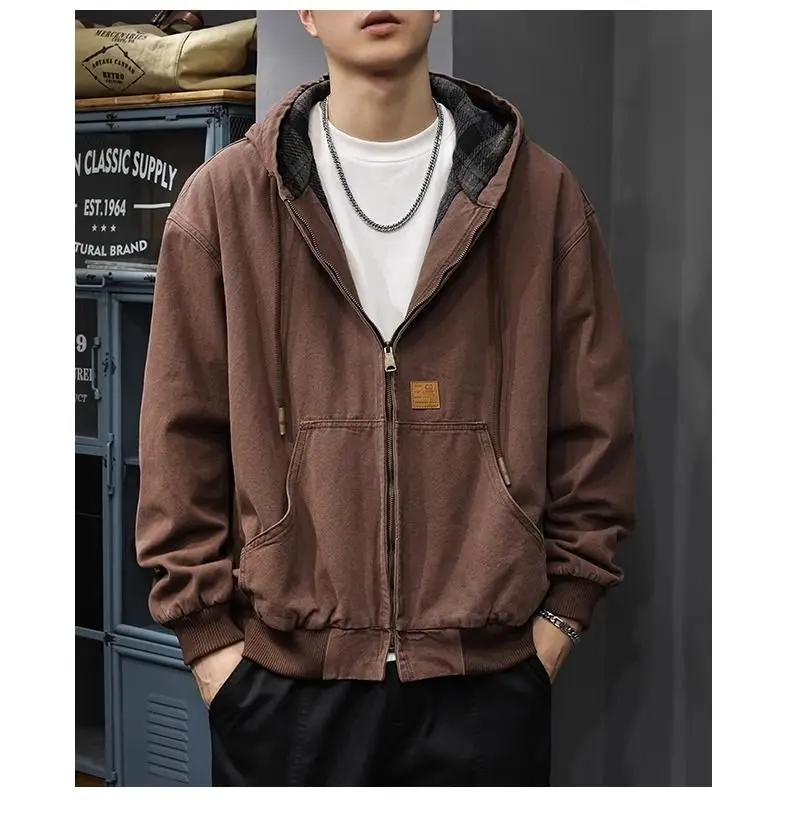 American Retro Hooded Work Jacket in Autumn and Winter New Loose Plaid Trendy Brand Inner Casual Jacket Trendy