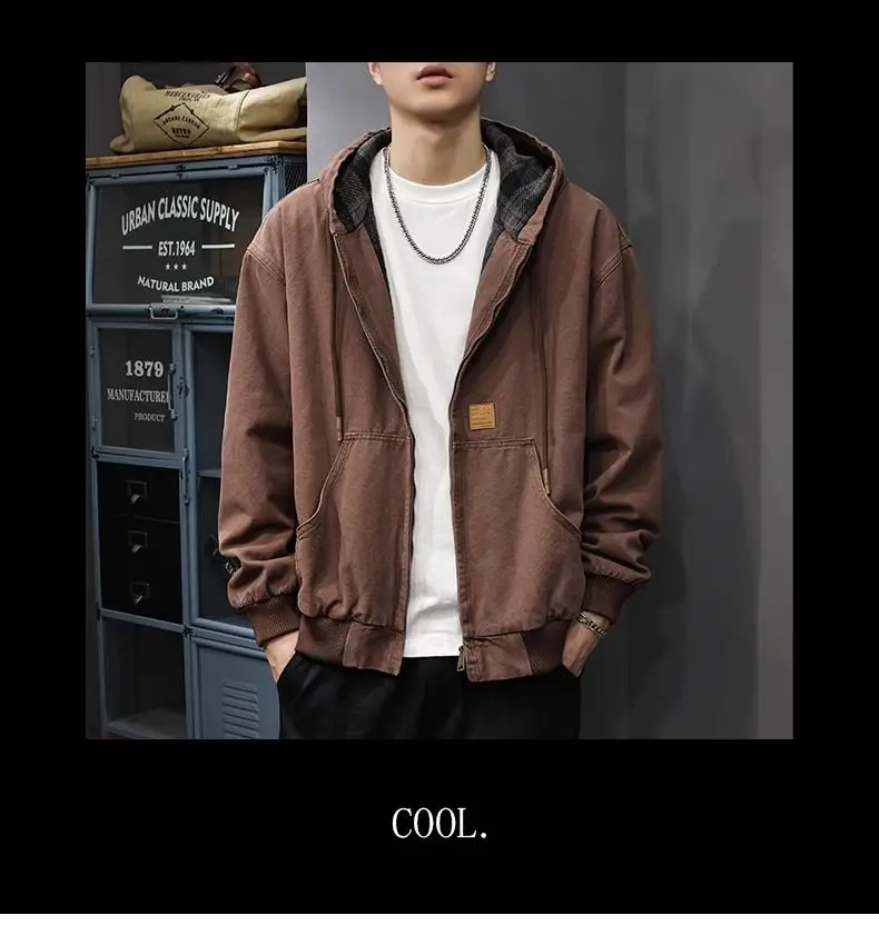 American Retro Hooded Work Jacket in Autumn and Winter New Loose Plaid Trendy Brand Inner Casual Jacket Trendy