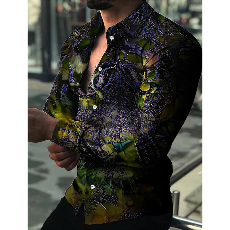 3D Print Animal Tiger Graphic Shirts Casual Long Sleeve Oversized Button Down Shirts For Men Fashion Designer Comfortable Blouse