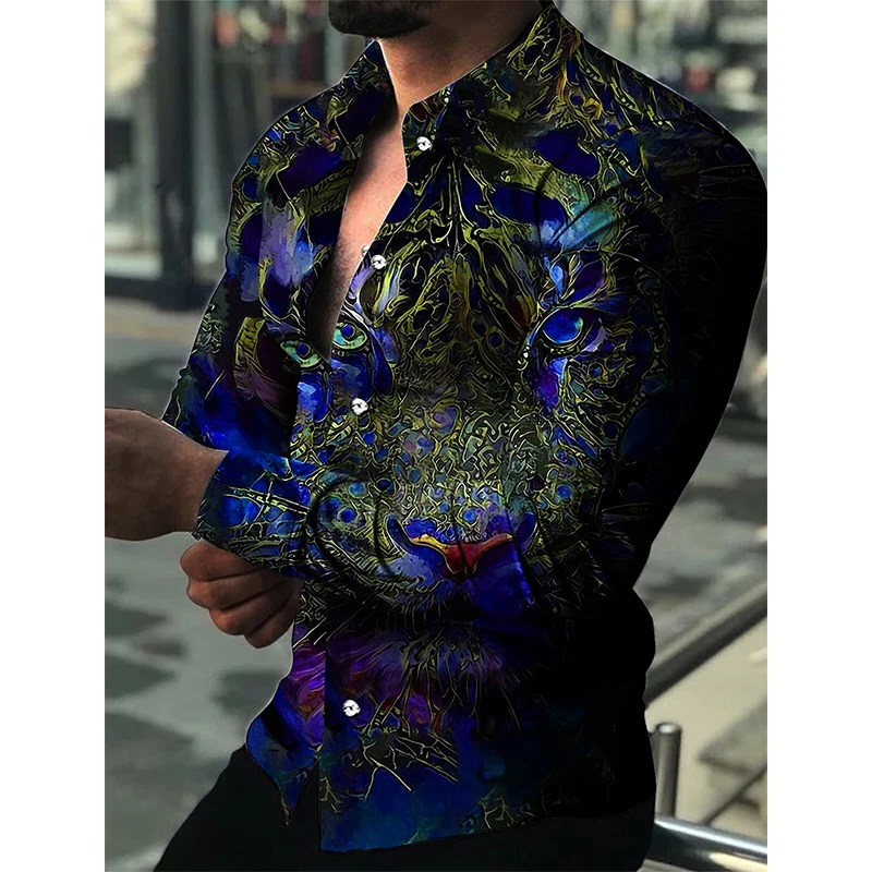 3D Print Animal Tiger Graphic Shirts Casual Long Sleeve Oversized Button Down Shirts For Men Fashion Designer Comfortable Blouse