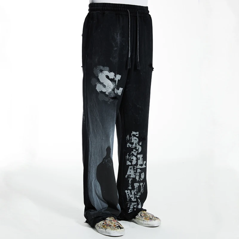 Graffiti Solied SSSAINT LOUIS Hole Damaged Casual Sweatpants Men Women Washed Distressed Loose Straight Track Pants Trousers