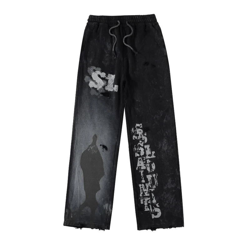 Graffiti Solied SSSAINT LOUIS Hole Damaged Casual Sweatpants Men Women Washed Distressed Loose Straight Track Pants Trousers