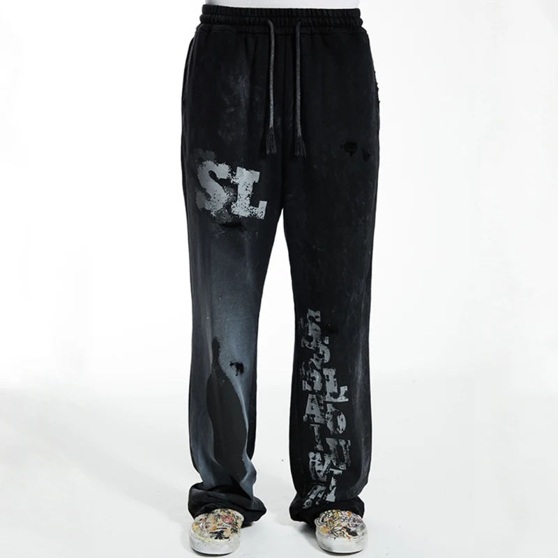 Graffiti Solied SSSAINT LOUIS Hole Damaged Casual Sweatpants Men Women Washed Distressed Loose Straight Track Pants Trousers