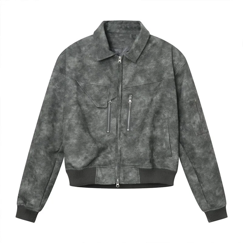 Spring Pink Mens Cropped PU Leather Jacket Fashion Turn-down Collar Gradient Color Retro Coat Zipper Men's Motorcycle Outwear