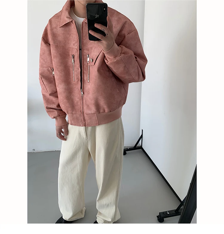 Spring Pink Mens Cropped PU Leather Jacket Fashion Turn-down Collar Gradient Color Retro Coat Zipper Men's Motorcycle Outwear