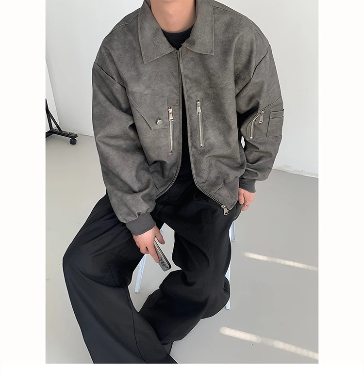 Spring Pink Mens Cropped PU Leather Jacket Fashion Turn-down Collar Gradient Color Retro Coat Zipper Men's Motorcycle Outwear