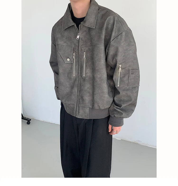 Spring Pink Mens Cropped PU Leather Jacket Fashion Turn-down Collar Gradient Color Retro Coat Zipper Men's Motorcycle Outwear