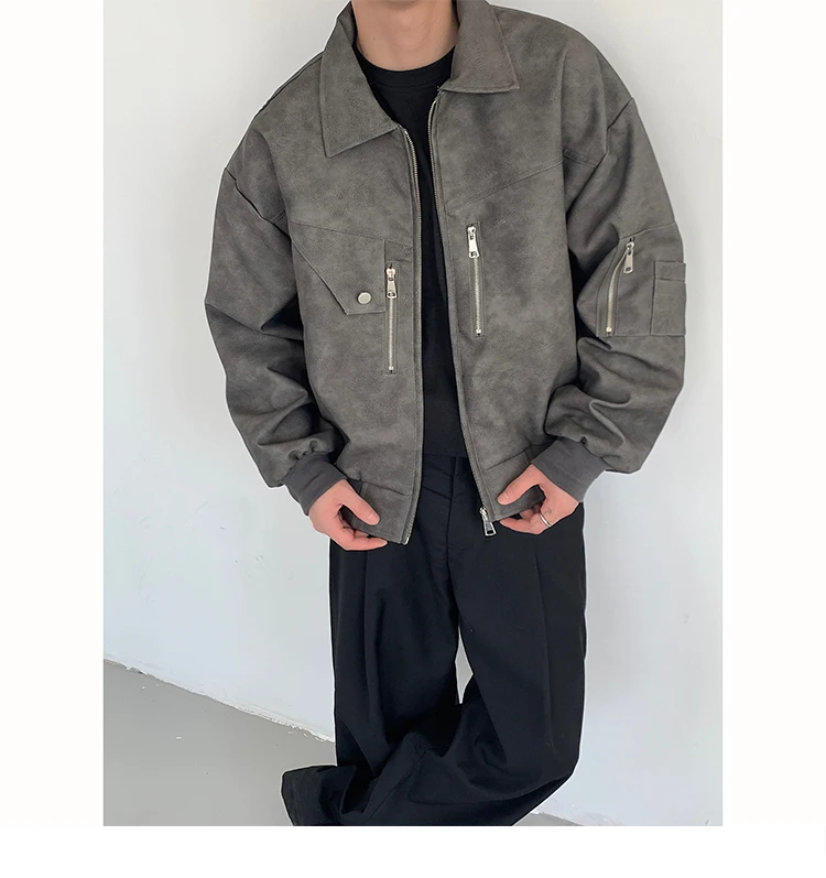 Spring Pink Mens Cropped PU Leather Jacket Fashion Turn-down Collar Gradient Color Retro Coat Zipper Men's Motorcycle Outwear