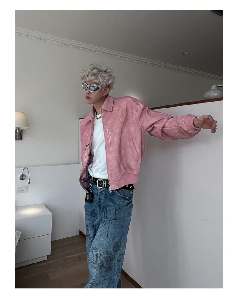 Spring Pink Mens Cropped PU Leather Jacket Fashion Turn-down Collar Gradient Color Retro Coat Zipper Men's Motorcycle Outwear