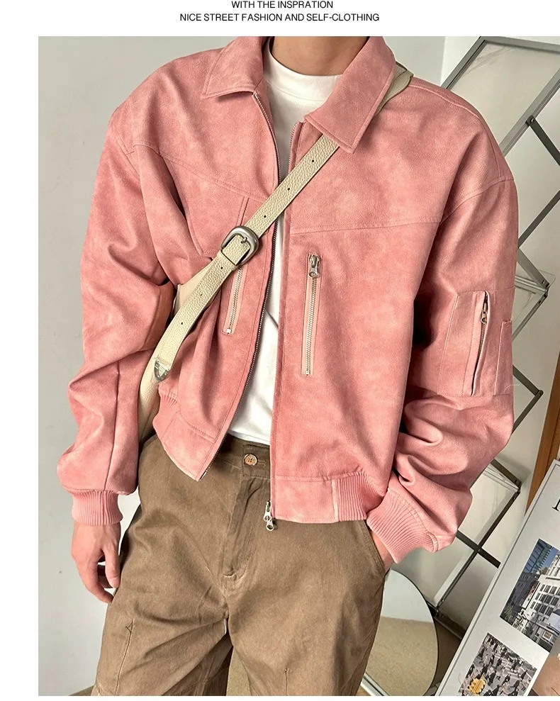 Spring Pink Mens Cropped PU Leather Jacket Fashion Turn-down Collar Gradient Color Retro Coat Zipper Men's Motorcycle Outwear