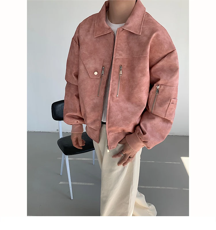Spring Pink Mens Cropped PU Leather Jacket Fashion Turn-down Collar Gradient Color Retro Coat Zipper Men's Motorcycle Outwear