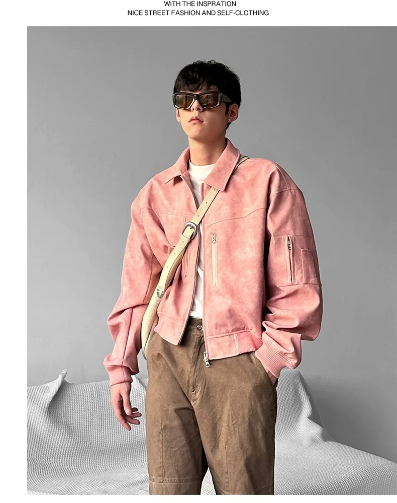 Spring Pink Mens Cropped PU Leather Jacket Fashion Turn-down Collar Gradient Color Retro Coat Zipper Men's Motorcycle Outwear