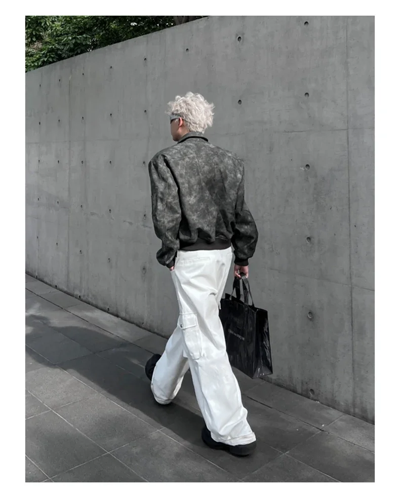 Spring Pink Mens Cropped PU Leather Jacket Fashion Turn-down Collar Gradient Color Retro Coat Zipper Men's Motorcycle Outwear
