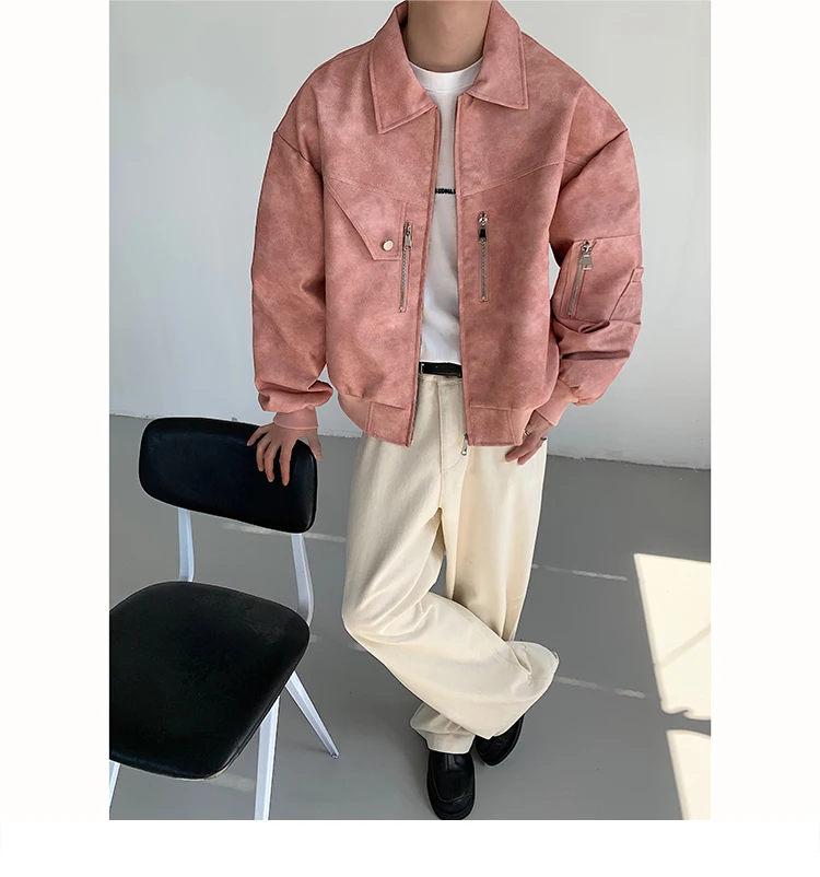 Spring Pink Mens Cropped PU Leather Jacket Fashion Turn-down Collar Gradient Color Retro Coat Zipper Men's Motorcycle Outwear
