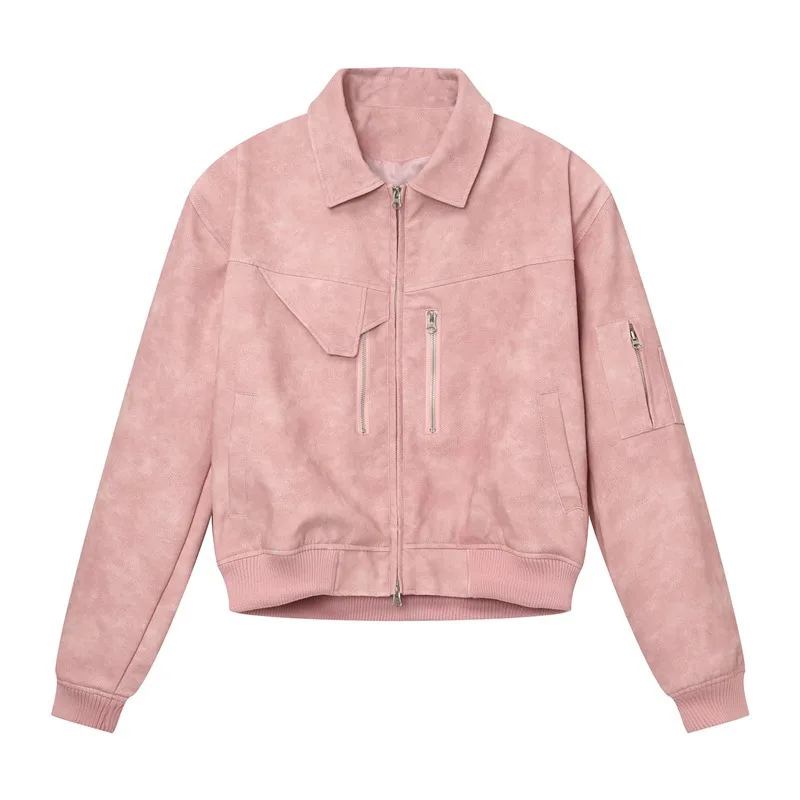 Spring Pink Mens Cropped PU Leather Jacket Fashion Turn-down Collar Gradient Color Retro Coat Zipper Men's Motorcycle Outwear