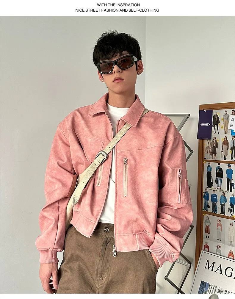 Spring Pink Mens Cropped PU Leather Jacket Fashion Turn-down Collar Gradient Color Retro Coat Zipper Men's Motorcycle Outwear