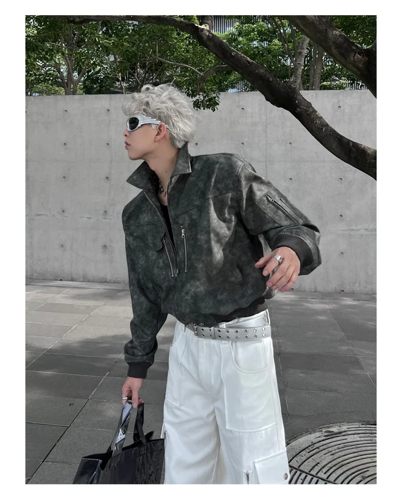Spring Pink Mens Cropped PU Leather Jacket Fashion Turn-down Collar Gradient Color Retro Coat Zipper Men's Motorcycle Outwear