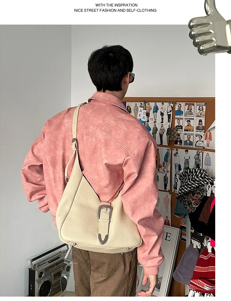 Spring Pink Mens Cropped PU Leather Jacket Fashion Turn-down Collar Gradient Color Retro Coat Zipper Men's Motorcycle Outwear