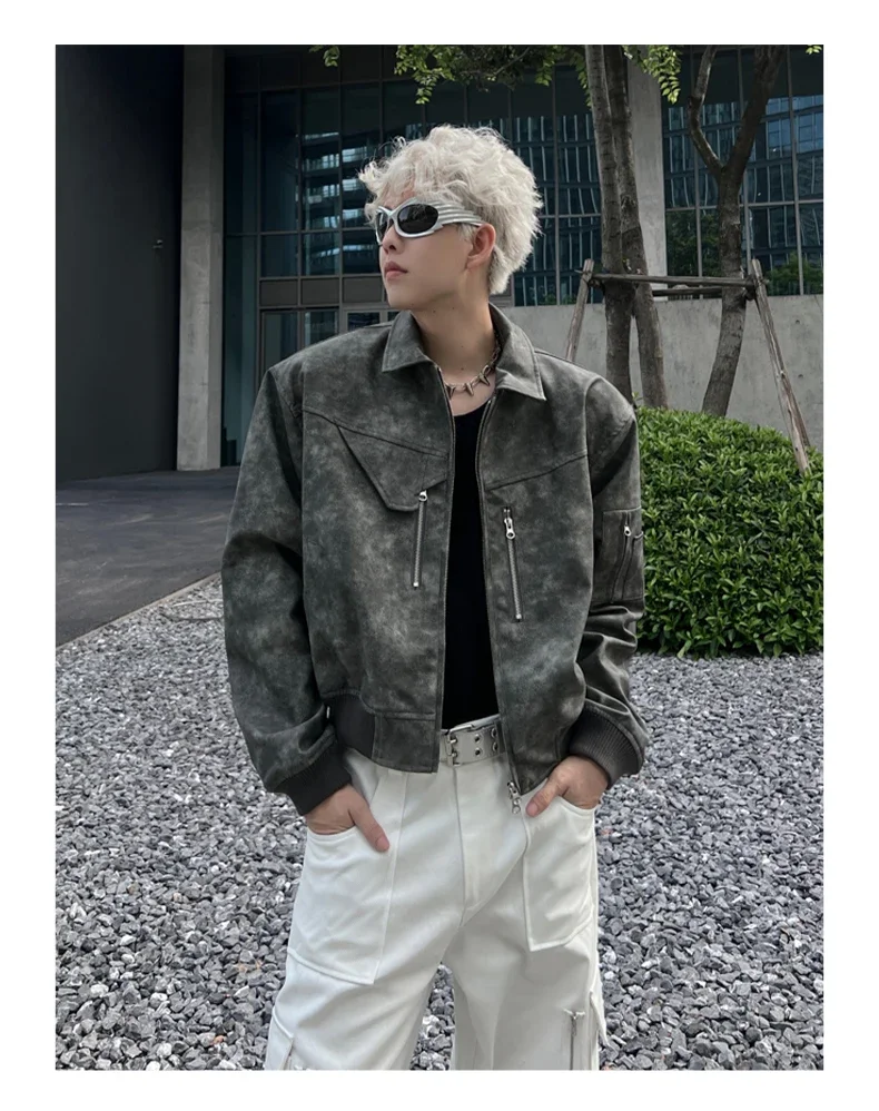 Spring Pink Mens Cropped PU Leather Jacket Fashion Turn-down Collar Gradient Color Retro Coat Zipper Men's Motorcycle Outwear