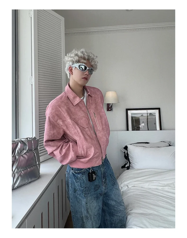 Spring Pink Mens Cropped PU Leather Jacket Fashion Turn-down Collar Gradient Color Retro Coat Zipper Men's Motorcycle Outwear