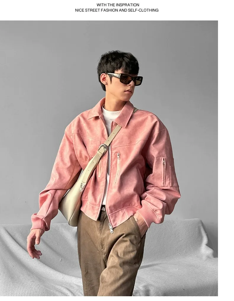 Spring Pink Mens Cropped PU Leather Jacket Fashion Turn-down Collar Gradient Color Retro Coat Zipper Men's Motorcycle Outwear