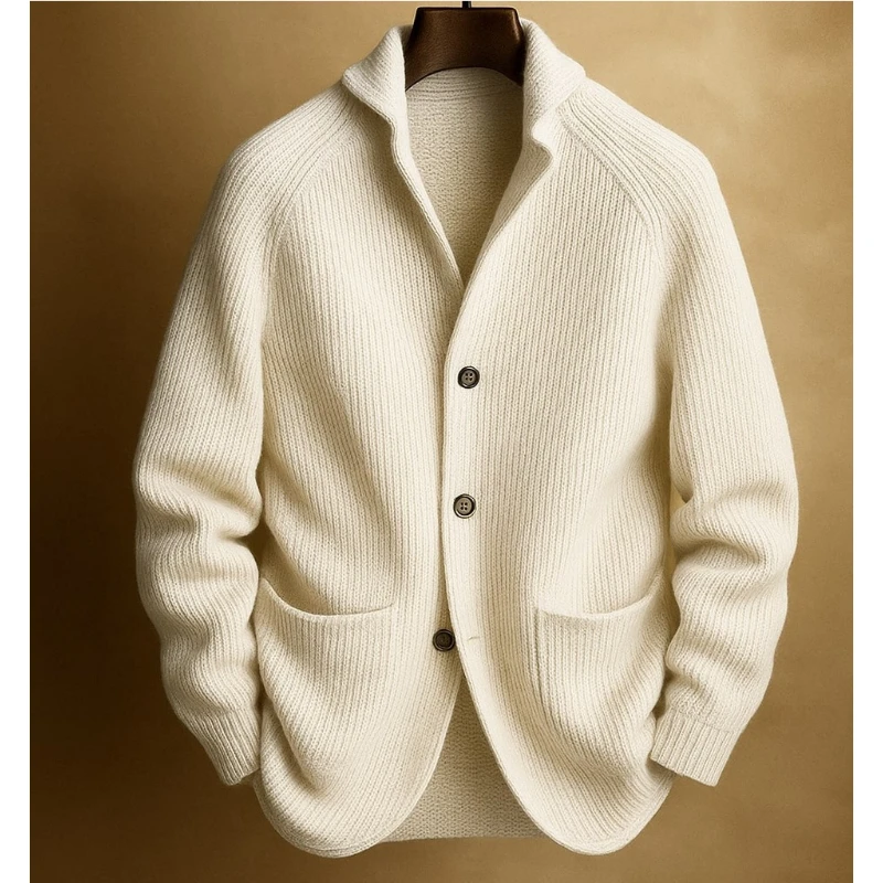 Spring Autumn Men Knitted Single Breasted Green Fruit Collar Cardigan Sweater Knitwear Solid Long Sleeve Casual Sweatercoat Men