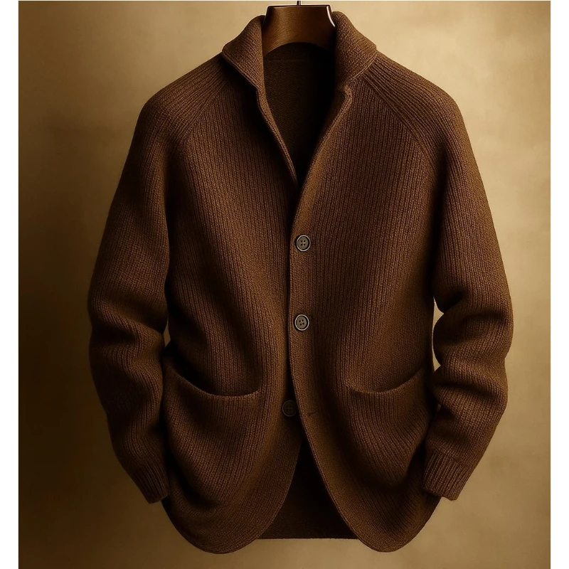 Spring Autumn Men Knitted Single Breasted Green Fruit Collar Cardigan Sweater Knitwear Solid Long Sleeve Casual Sweatercoat Men