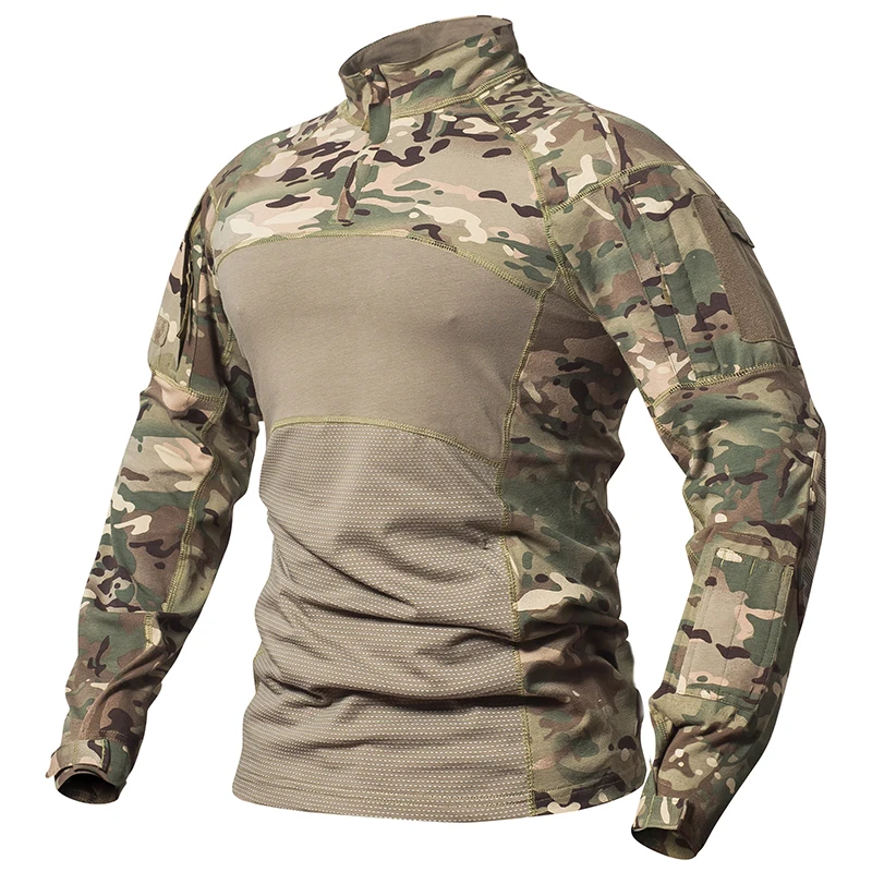 Men Tactical Combat Shirt Stretch Multicam Airsoft Paintball Hunting Clothing Cotton 1/4 Zipper Shirts Long Sleeve Camo T Shirt