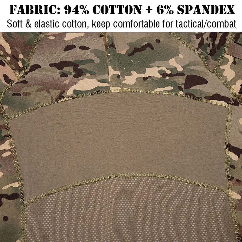 Men Tactical Combat Shirt Stretch Multicam Airsoft Paintball Hunting Clothing Cotton 1/4 Zipper Shirts Long Sleeve Camo T Shirt
