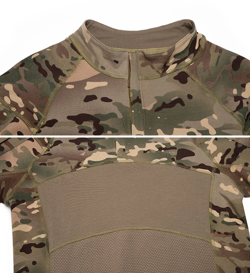Men Tactical Combat Shirt Stretch Multicam Airsoft Paintball Hunting Clothing Cotton 1/4 Zipper Shirts Long Sleeve Camo T Shirt