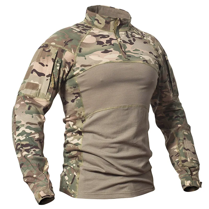 Men Tactical Combat Shirt Stretch Multicam Airsoft Paintball Hunting Clothing Cotton 1/4 Zipper Shirts Long Sleeve Camo T Shirt