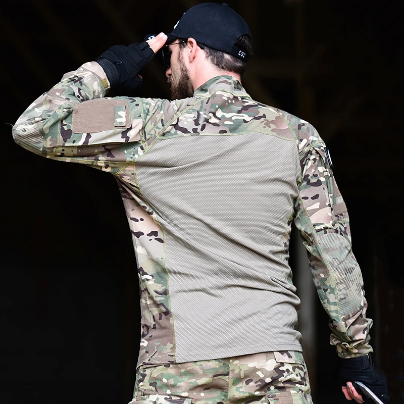 Men Tactical Combat Shirt Stretch Multicam Airsoft Paintball Hunting Clothing Cotton 1/4 Zipper Shirts Long Sleeve Camo T Shirt