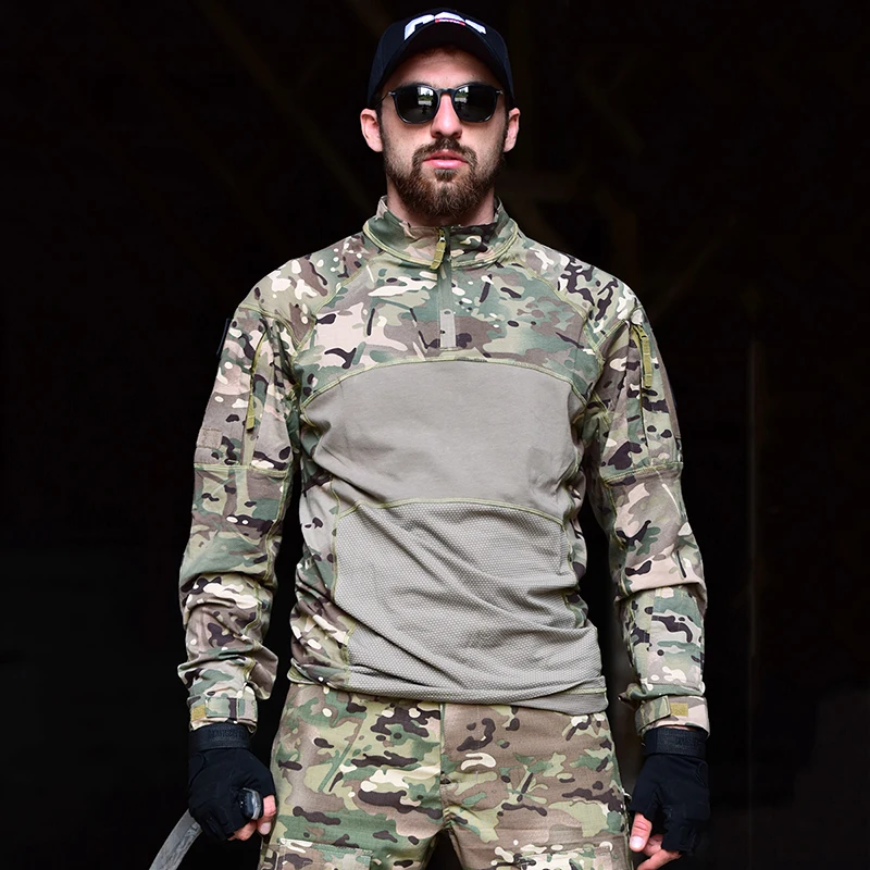 Men Tactical Combat Shirt Stretch Multicam Airsoft Paintball Hunting Clothing Cotton 1/4 Zipper Shirts Long Sleeve Camo T Shirt
