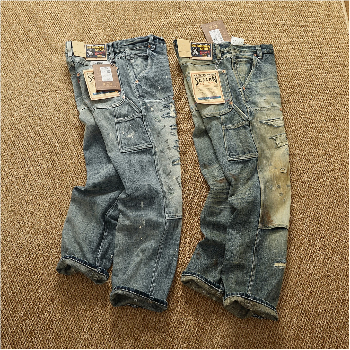 High OZ Heavy Duty Work Jeans Men's Patch Oil Dirty Wash Heavy Industry Washable Lumberjack Pants