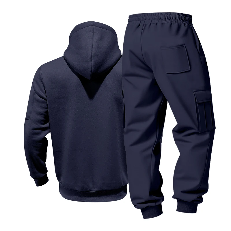 Men's 1-piece Fleece-lined Zip-up Hoodie with 2-piece Multi-zip Pocket Workwear Casual Pants Winter Street Sports Set