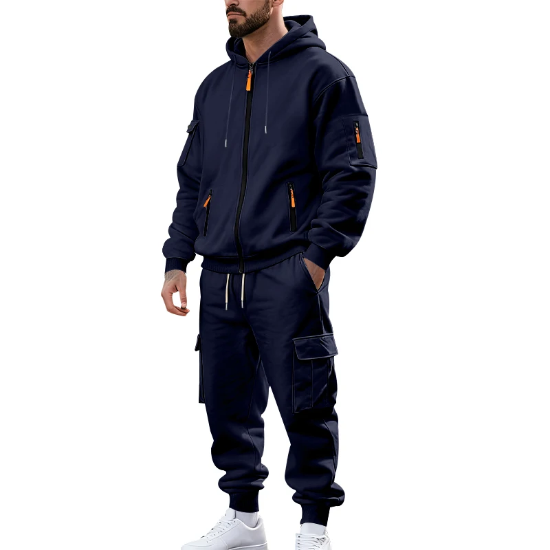 Men's 1-piece Fleece-lined Zip-up Hoodie with 2-piece Multi-zip Pocket Workwear Casual Pants Winter Street Sports Set