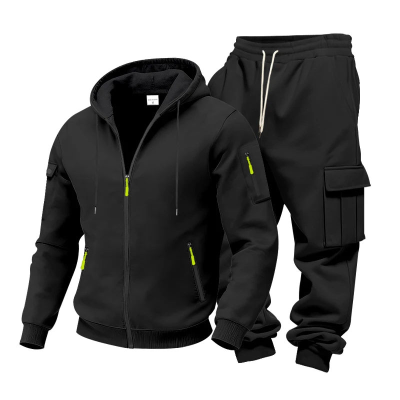 Men's 1-piece Fleece-lined Zip-up Hoodie with 2-piece Multi-zip Pocket Workwear Casual Pants Winter Street Sports Set