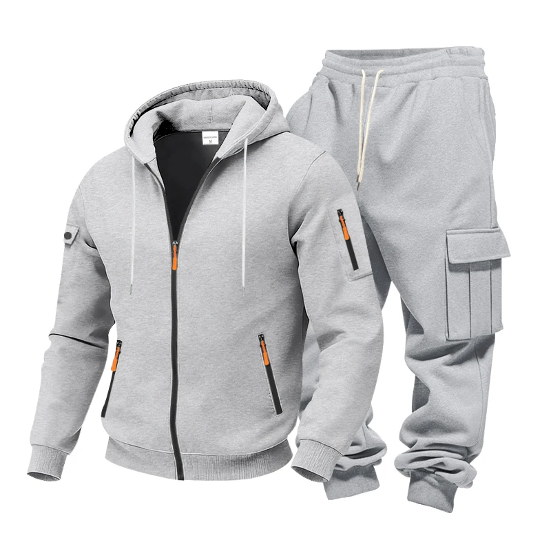 Men's 1-piece Fleece-lined Zip-up Hoodie with 2-piece Multi-zip Pocket Workwear Casual Pants Winter Street Sports Set