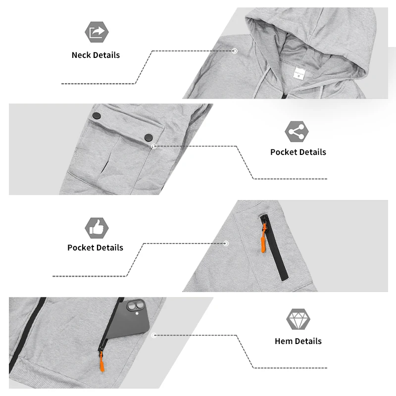 Men's 1-piece Fleece-lined Zip-up Hoodie with 2-piece Multi-zip Pocket Workwear Casual Pants Winter Street Sports Set