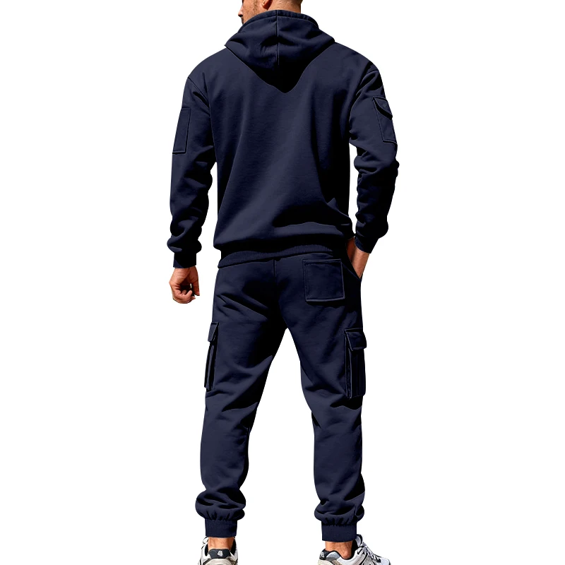 Men's 1-piece Fleece-lined Zip-up Hoodie with 2-piece Multi-zip Pocket Workwear Casual Pants Winter Street Sports Set