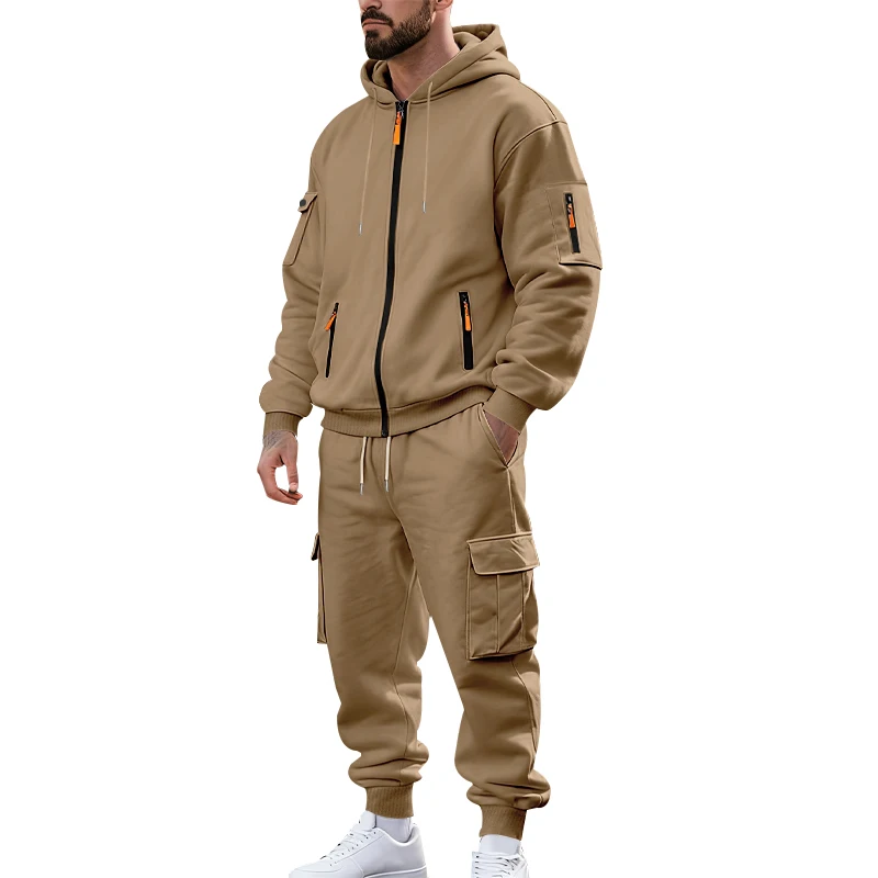 Men's 1-piece Fleece-lined Zip-up Hoodie with 2-piece Multi-zip Pocket Workwear Casual Pants Winter Street Sports Set
