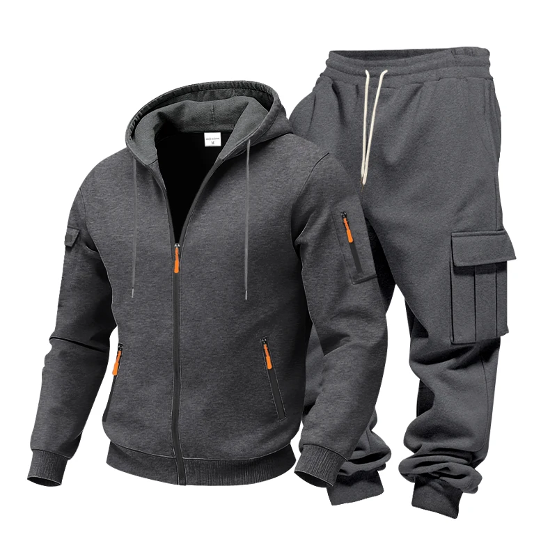 Men's 1-piece Fleece-lined Zip-up Hoodie with 2-piece Multi-zip Pocket Workwear Casual Pants Winter Street Sports Set