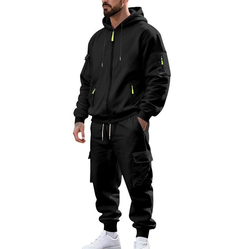Men's 1-piece Fleece-lined Zip-up Hoodie with 2-piece Multi-zip Pocket Workwear Casual Pants Winter Street Sports Set
