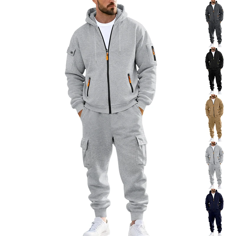 Men's 1-piece Fleece-lined Zip-up Hoodie with 2-piece Multi-zip Pocket Workwear Casual Pants Winter Street Sports Set