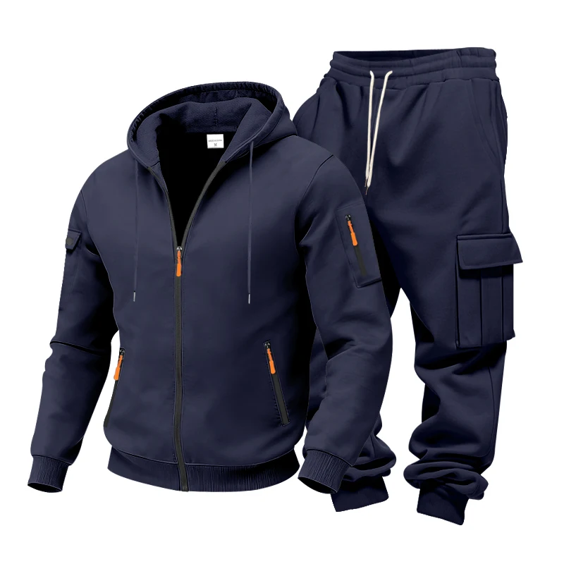 Men's 1-piece Fleece-lined Zip-up Hoodie with 2-piece Multi-zip Pocket Workwear Casual Pants Winter Street Sports Set
