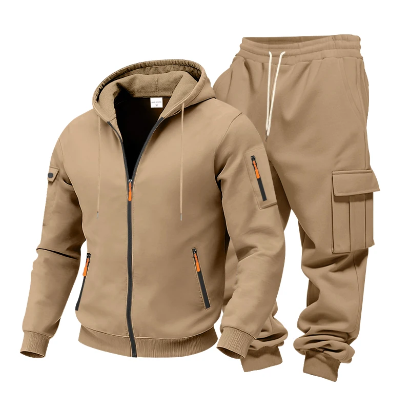 Men's 1-piece Fleece-lined Zip-up Hoodie with 2-piece Multi-zip Pocket Workwear Casual Pants Winter Street Sports Set