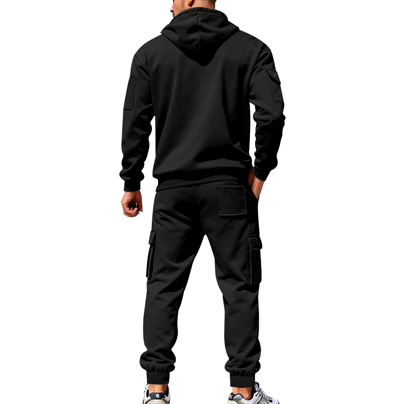 Men's 1-piece Fleece-lined Zip-up Hoodie with 2-piece Multi-zip Pocket Workwear Casual Pants Winter Street Sports Set