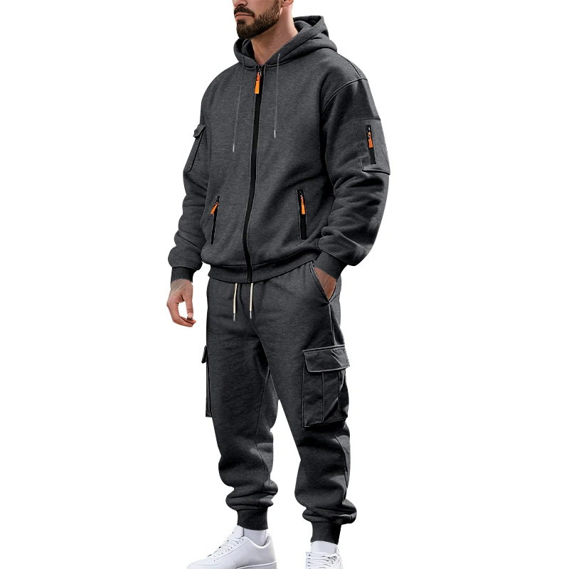 Men's 1-piece Fleece-lined Zip-up Hoodie with 2-piece Multi-zip Pocket Workwear Casual Pants Winter Street Sports Set