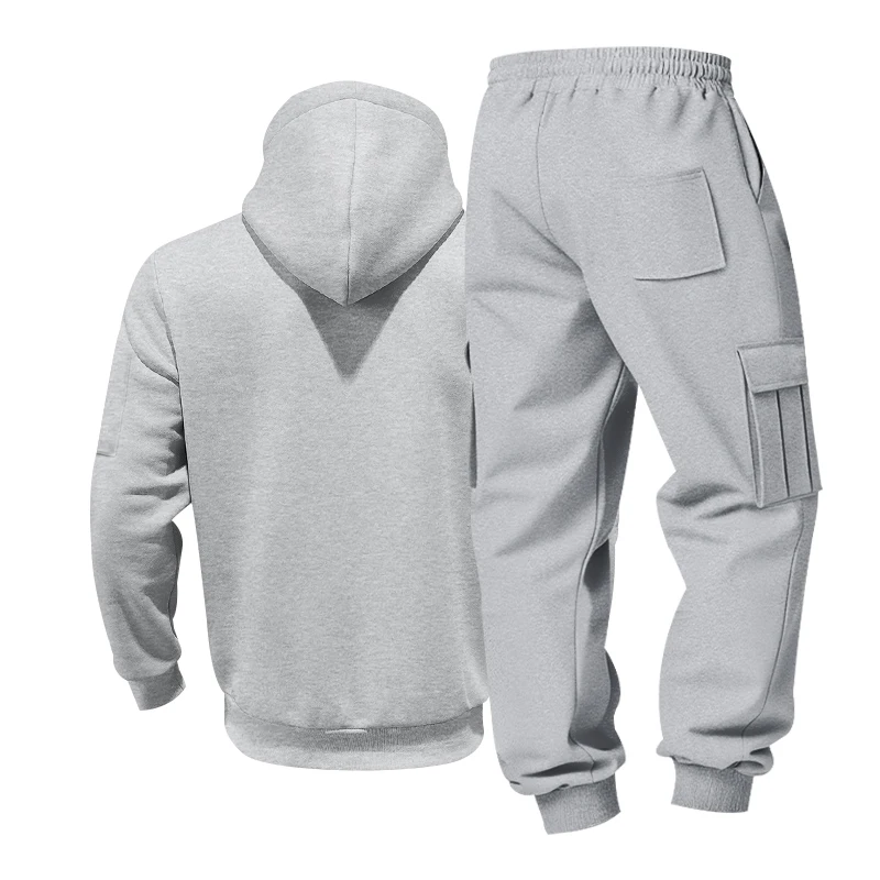 Men's 1-piece Fleece-lined Zip-up Hoodie with 2-piece Multi-zip Pocket Workwear Casual Pants Winter Street Sports Set