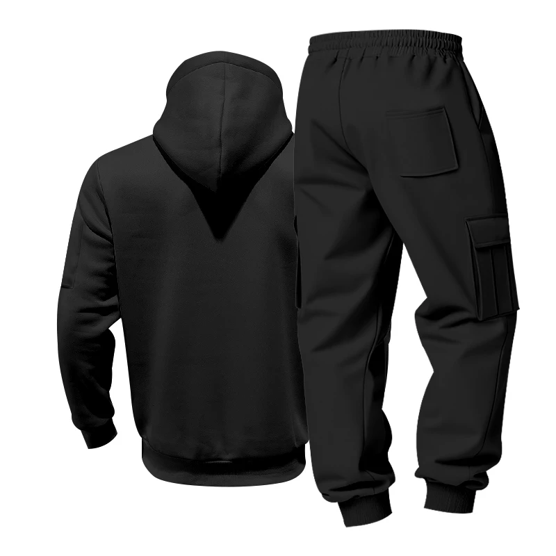 Men's 1-piece Fleece-lined Zip-up Hoodie with 2-piece Multi-zip Pocket Workwear Casual Pants Winter Street Sports Set